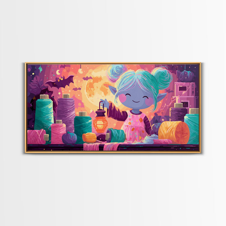 The Magical Costume Workshop, 80s Halloween Wall Art, Wide Panoramic Art, Framed Canvas Print, Retro Halloween Decor, Neon Wall Art