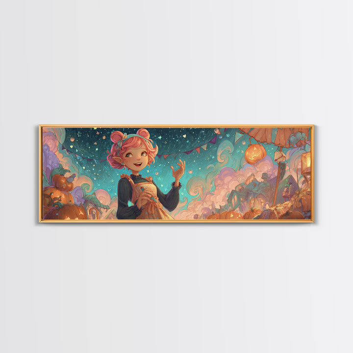 The Magical Costume Workshop, Synthwave Halloween Art, Extra Wide Wall Art, Canvas Print, Retro Halloween Decor, Neon Wall Art