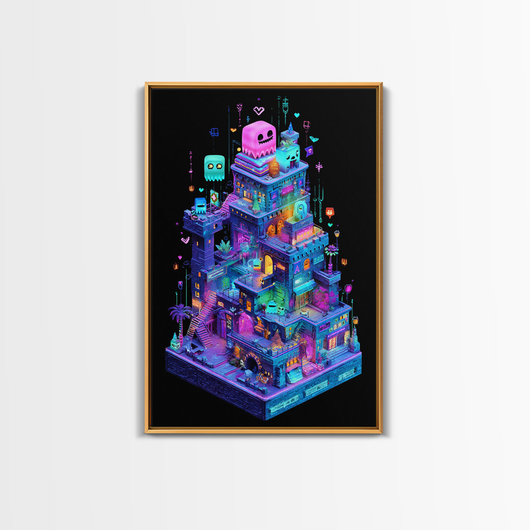 The Great Monster Pajama Party, Retro Neon Halloween Art, Vertical Wall Art, Framed Canvas Print, Retro Halloween Decor, Neon Wall Art