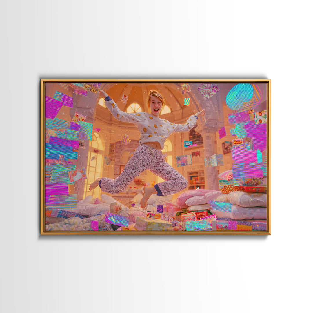 The Great Monster Pajama Party, Cute Spooky Neon Art, Landscape Wall Art, Framed Canvas Print, Retro Halloween Decor, Neon Wall Art
