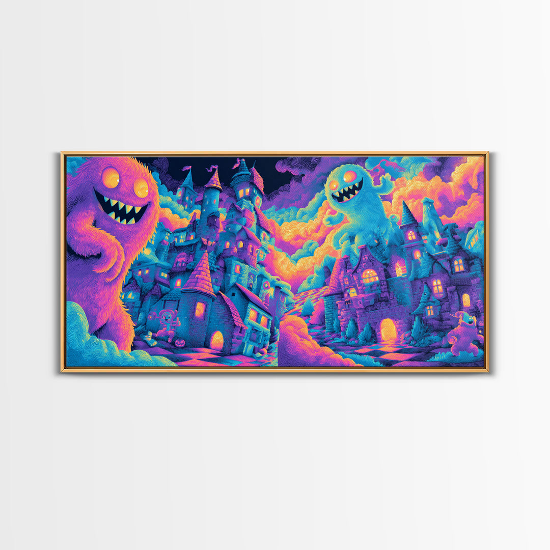 The Great Monster Pajama Party, Cute Spooky Neon Art, Wide Panoramic Art, Framed Canvas Print, Retro Halloween Decor, Neon Wall Art