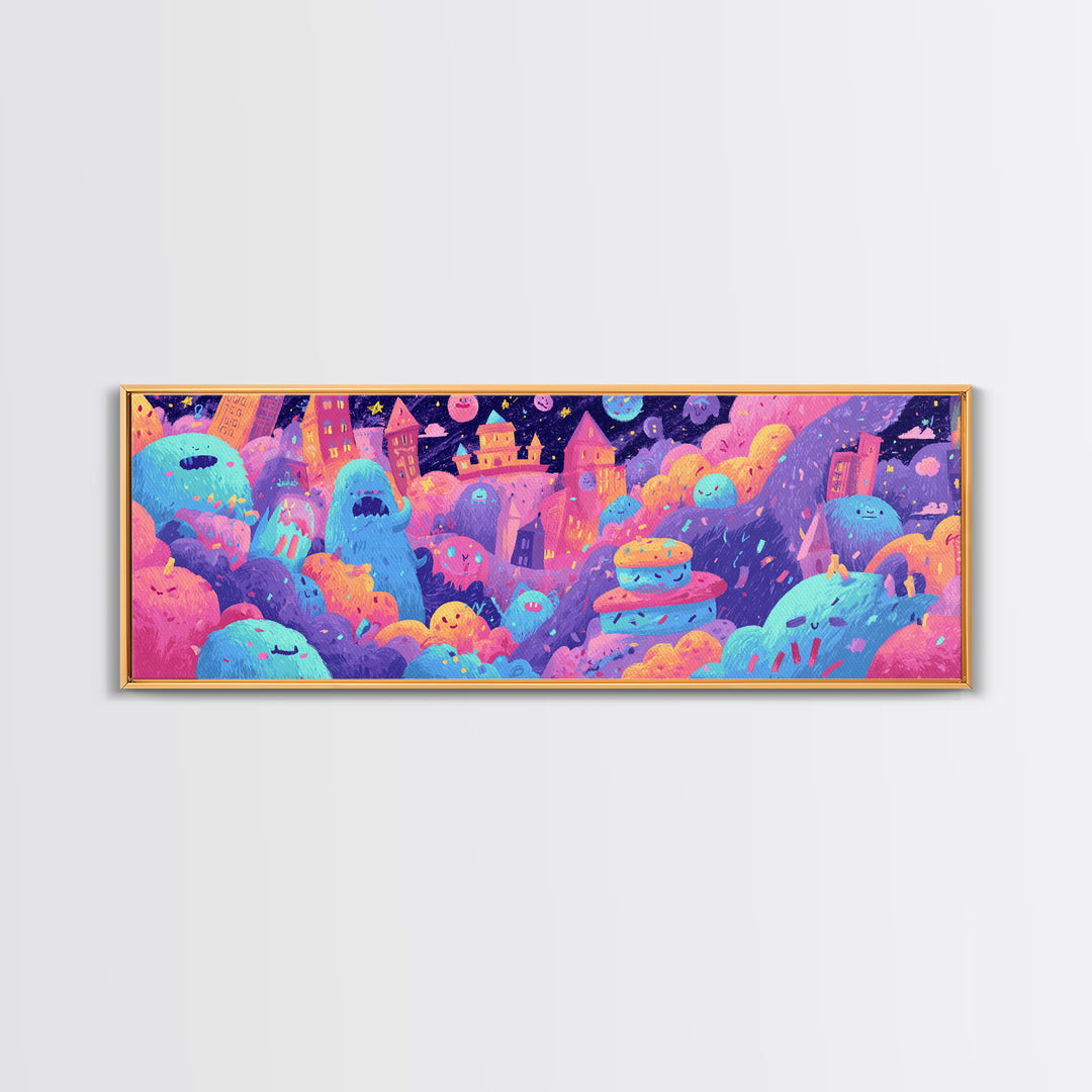The Great Monster Pajama Party, Vaporwave Halloween Decor, Extra Wide Wall Art, Canvas Print, Retro Halloween Decor, Neon Wall Art