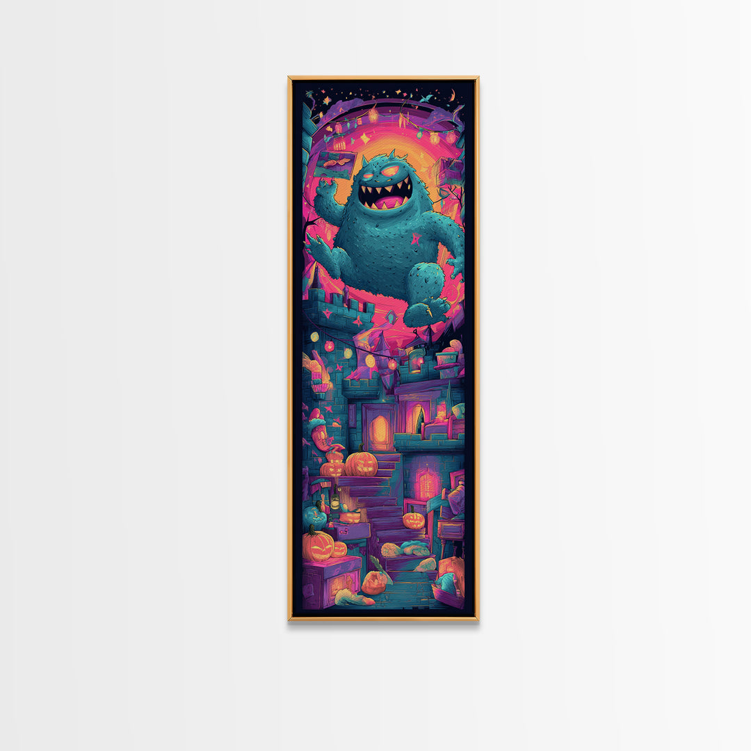 The Great Monster Pajama Party, Vaporwave Halloween Decor, Tall Narrow Wall Art, Canvas Print, Retro Halloween Decor, Neon Wall Art