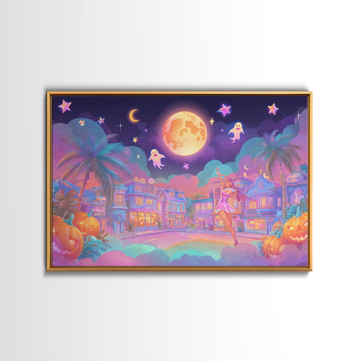 The Rainbow Halloween Night, 80s Halloween Wall Art, Landscape Wall Art, Canvas Print, Retro Halloween Decor, Neon Wall Art
