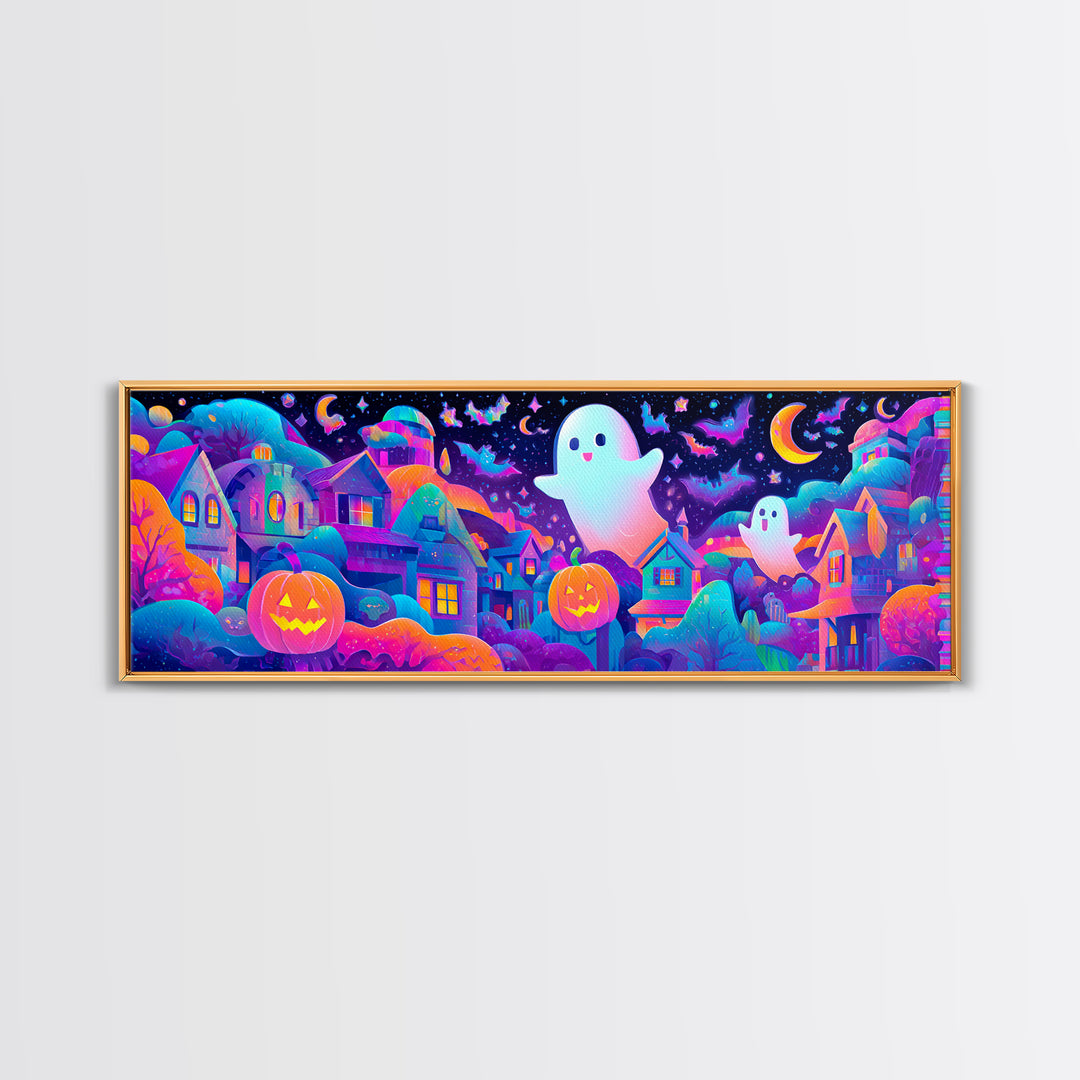 The Rainbow Halloween Night, Cute Spooky Neon Art, Extra Wide Wall Art, Canvas Print, Retro Halloween Decor, Neon Wall Art