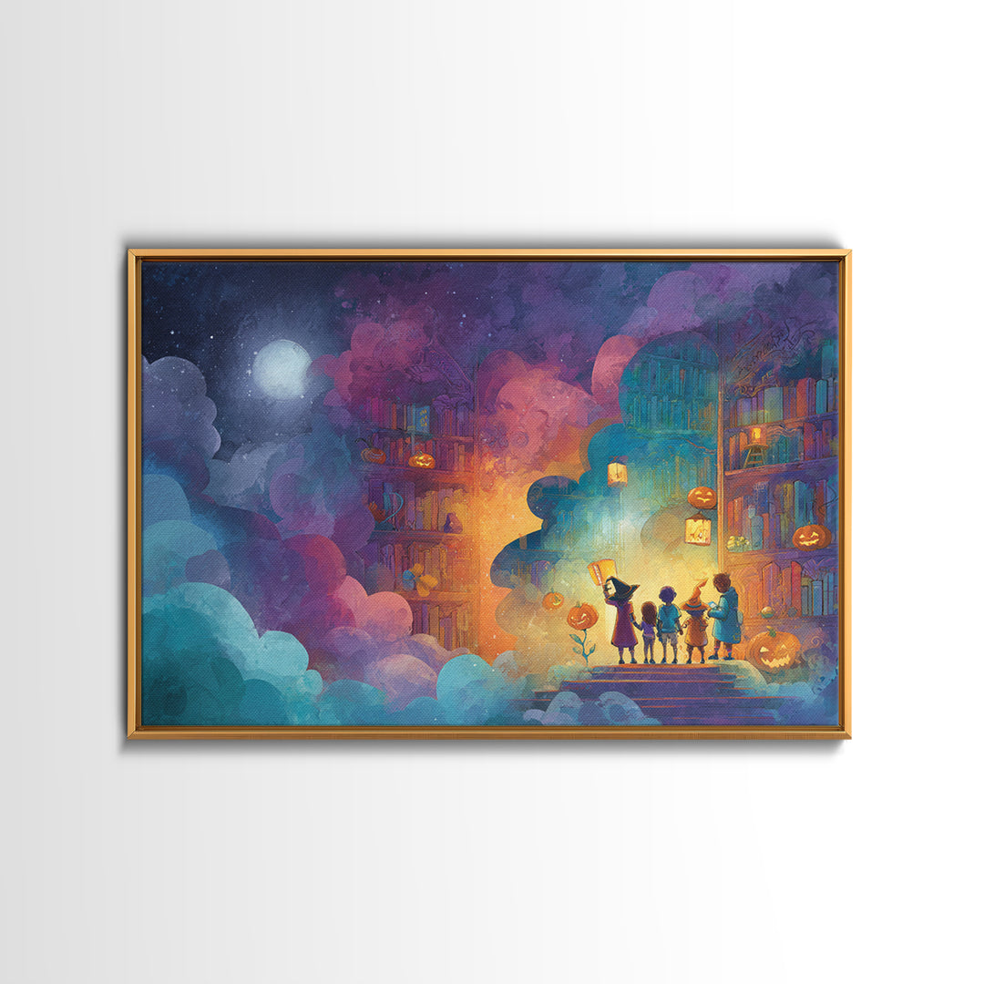 The Enchanted Halloween Library, Retro Neon Halloween Art, Landscape Wall Art, Framed Canvas Print, Retro Halloween Decor, Neon Wall Art