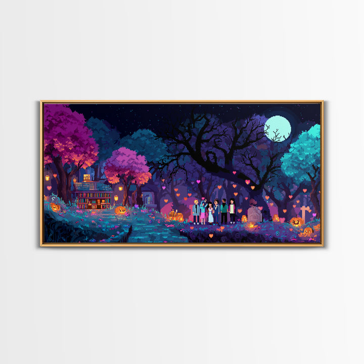 The Enchanted Halloween Library, Cute Spooky Neon Art, Wide Panoramic Art, Canvas Print, Retro Halloween Decor, Neon Wall Art