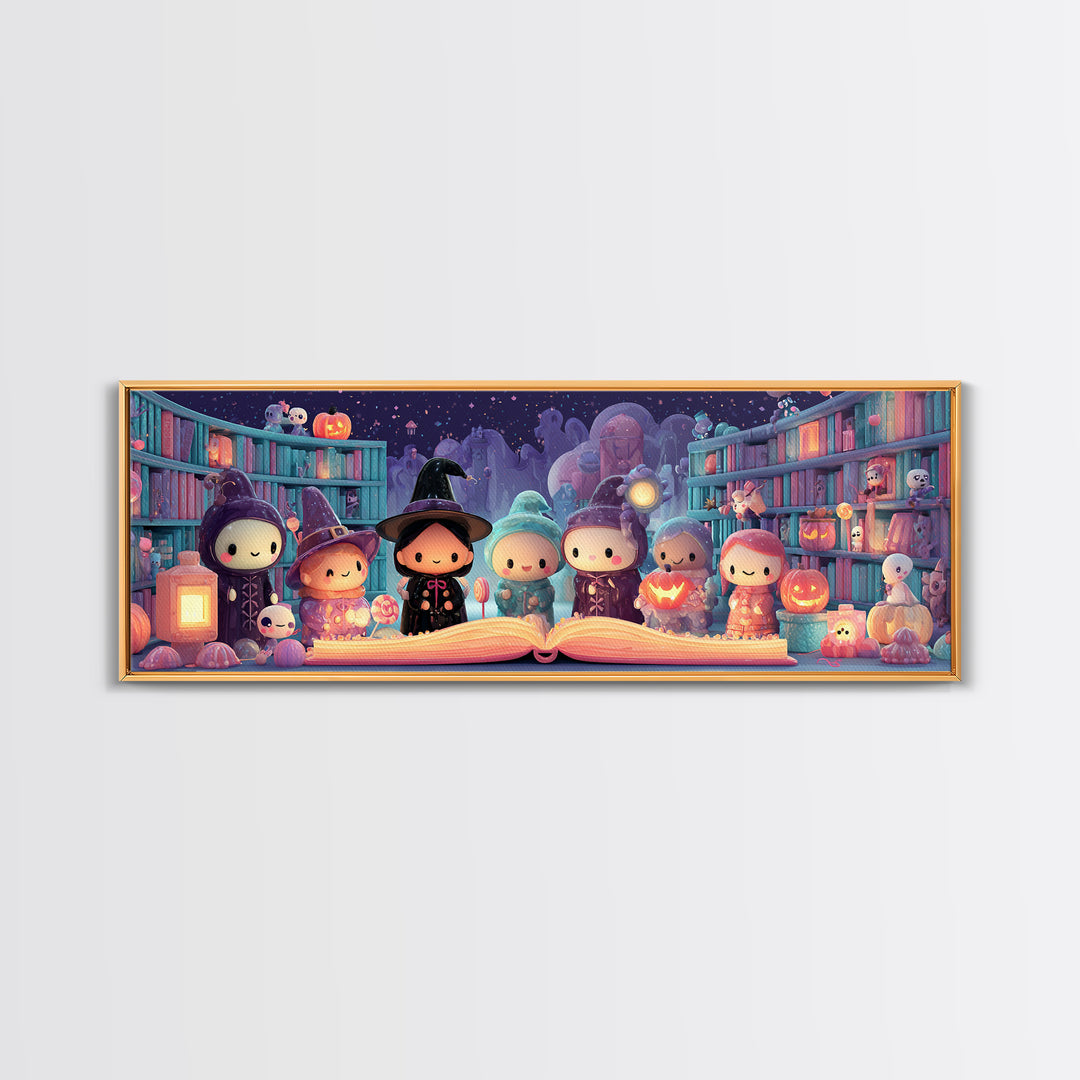 The Enchanted Halloween Library, Cute Spooky Neon Art, Extra Wide Wall Art, Canvas Print, Retro Halloween Decor, Neon Wall Art
