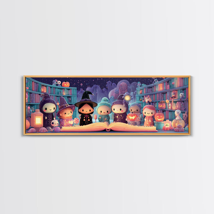 The Enchanted Halloween Library, Cute Spooky Neon Art, Extra Wide Wall Art, Canvas Print, Retro Halloween Decor, Neon Wall Art