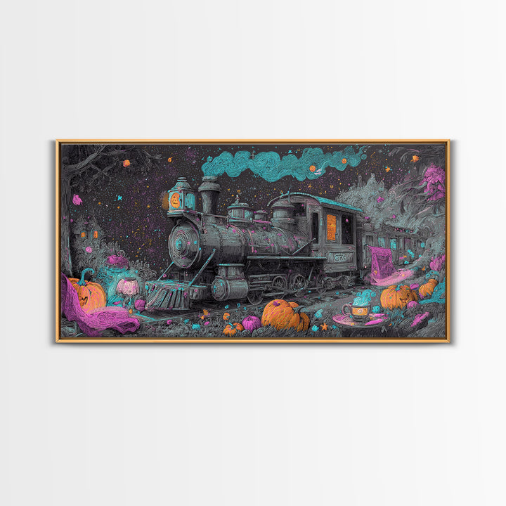 The Trick-Or-Treat Express, Synthwave Halloween Art, Wide Panoramic Art, Canvas Print, Retro Halloween Decor, Neon Wall Art