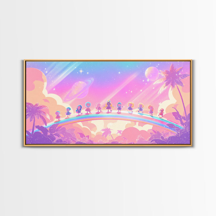 The Parade Across The Stars, Synthwave Halloween Art, Wide Panoramic Art, Framed Canvas Print, Retro Halloween Decor, Neon Wall Art