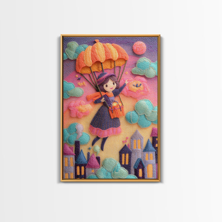 The Enchanted Umbrella Adventure, 80s Halloween Wall Art, Vertical Wall Art, Canvas Print, Retro Halloween Decor, Neon Wall Art