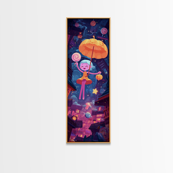 The Enchanted Umbrella Adventure, Vaporwave Halloween Decor, Tall Narrow Wall Art, Canvas Print, Retro Halloween Decor, Neon Wall Art