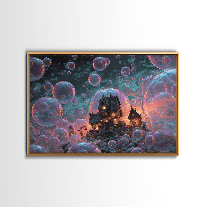 The Halloween Bubble Village, Synthwave Halloween Art, Landscape Wall Art, Framed Canvas Print, Retro Halloween Decor, Neon Wall Art