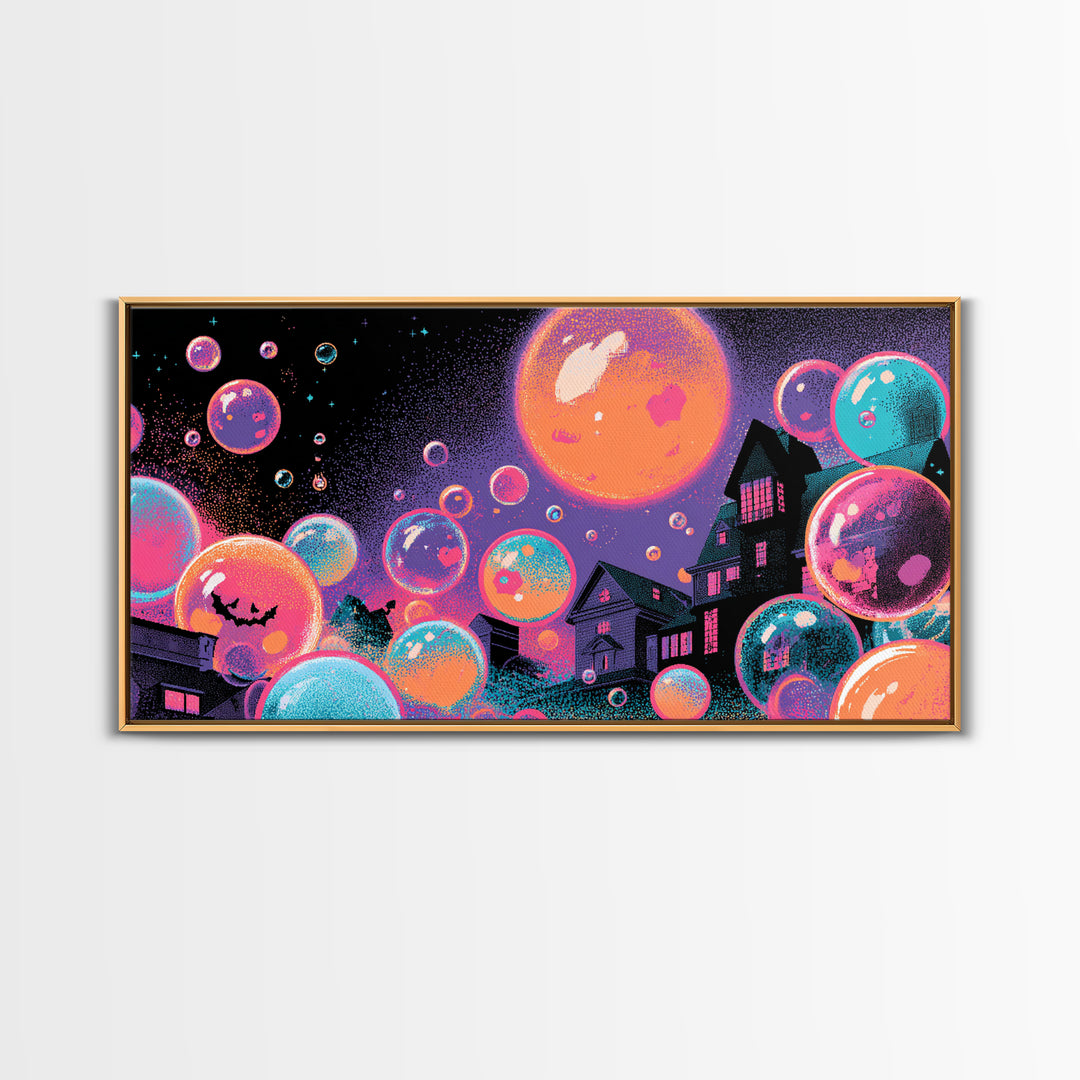 The Halloween Bubble Village, Synthwave Halloween Art, Wide Panoramic Art, Framed Canvas Print, Retro Halloween Decor, Neon Wall Art