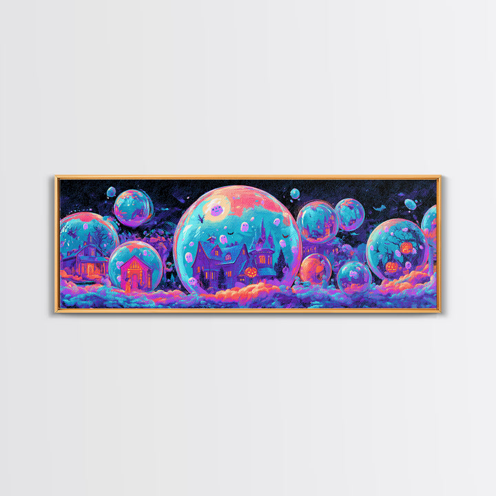 The Halloween Bubble Village, Cute Spooky Neon Art, Extra Wide Wall Art, Canvas Print, Retro Halloween Decor, Neon Wall Art
