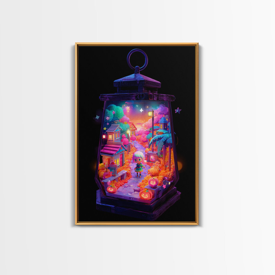 The World Inside A Lantern, Cute Spooky Neon Art, Vertical Wall Art, Canvas Print, Retro Halloween Decor, Neon Wall Art, Macabre Wall Art