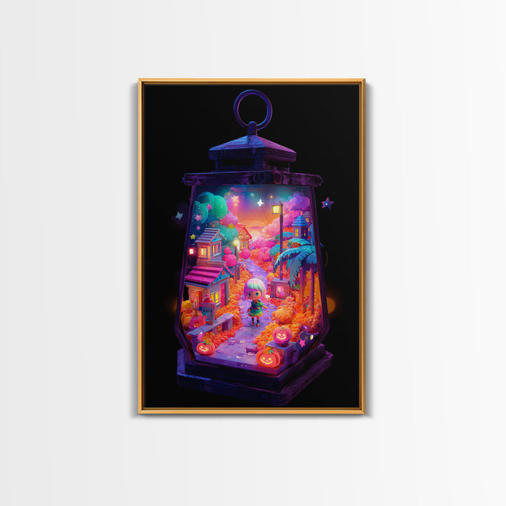 The World Inside A Lantern, Cute Spooky Neon Art, Vertical Wall Art, Canvas Print, Retro Halloween Decor, Neon Wall Art, Macabre Wall Art