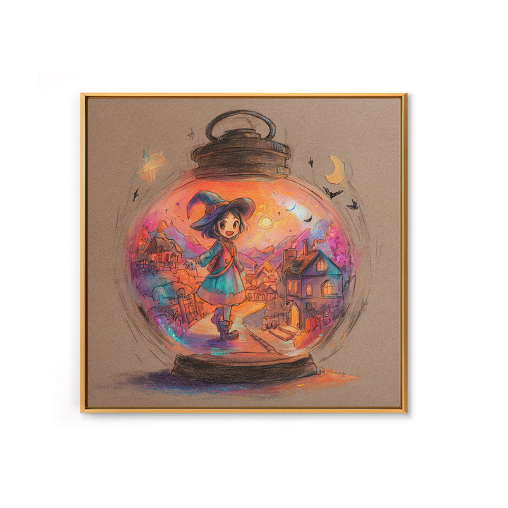 The World Inside A Lantern, Cute Spooky Neon Art, Square Wall Art, Framed Canvas Print, Retro Halloween Decor, Neon Wall Art