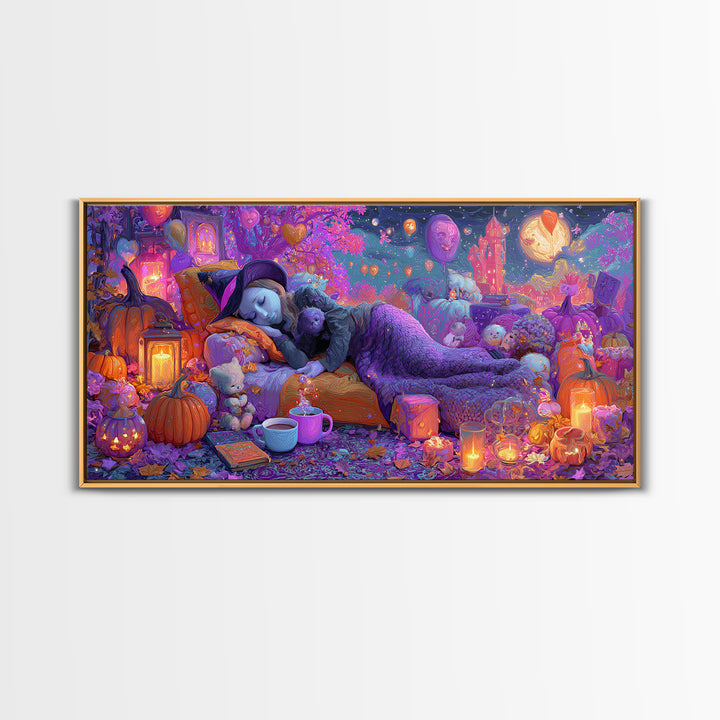 The Festival Of Friendly Frights, 80s Halloween Wall Art, Wide Panoramic Art, Framed Canvas Print, Retro Halloween Decor, Neon Wall Art