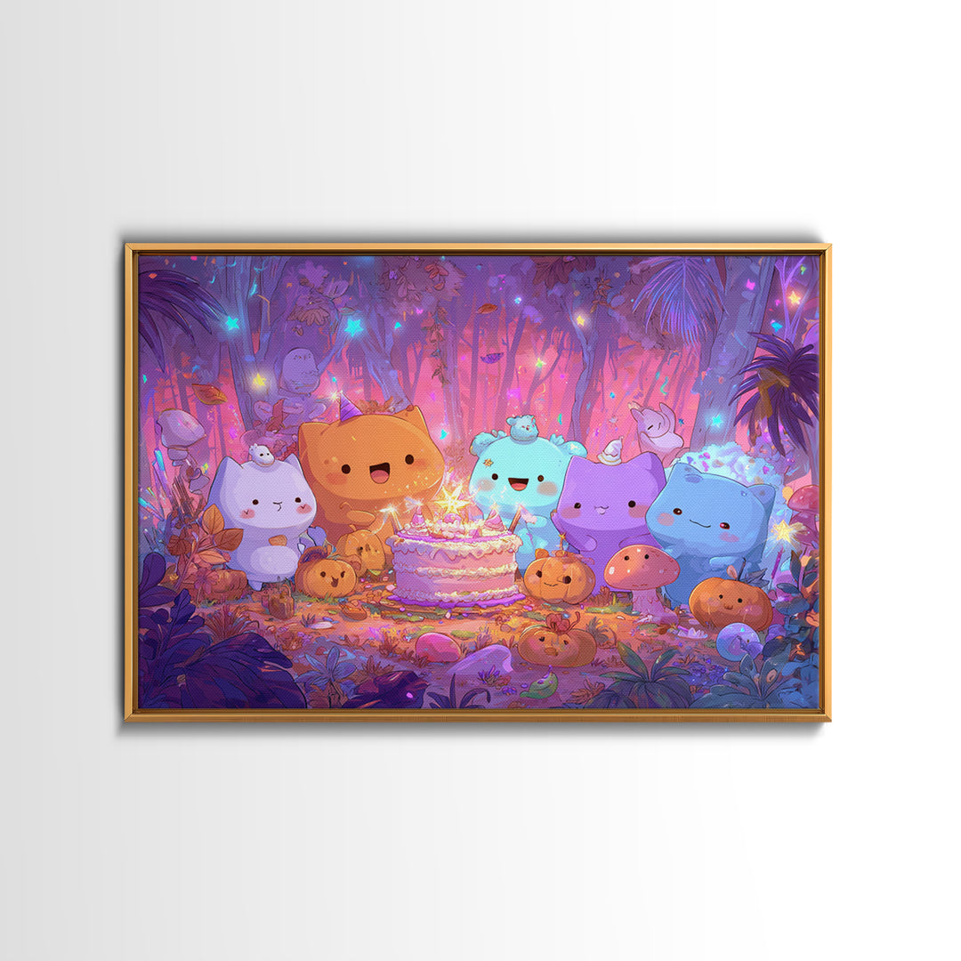October'S Birthday Party, Cute Spooky Neon Art, Landscape Wall Art, Framed Canvas Print, Retro Halloween Decor, Neon Wall Art