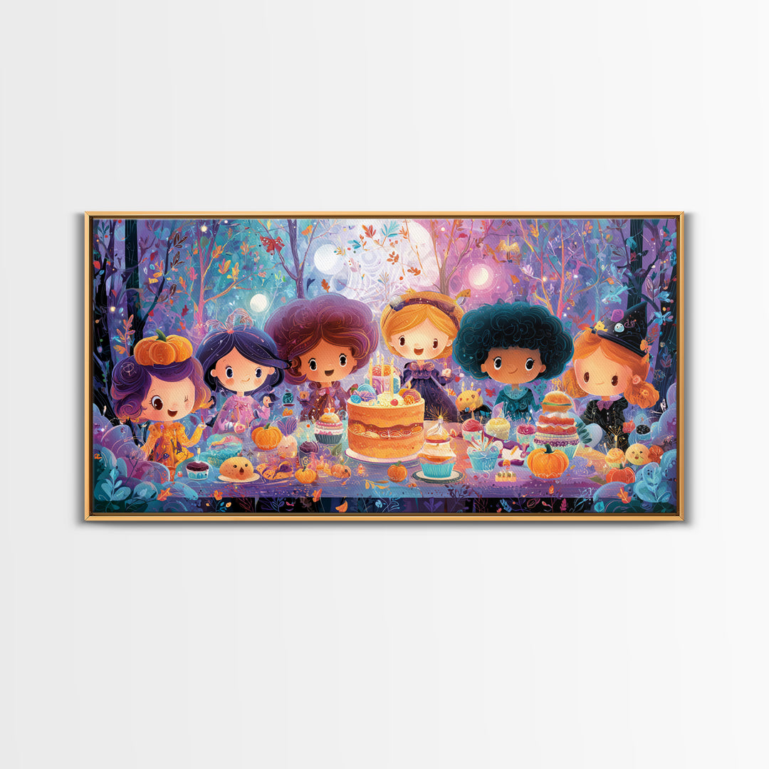 October'S Birthday Party, Vaporwave Halloween Decor, Wide Panoramic Art, Framed Canvas Print, Retro Halloween Decor, Neon Wall Art