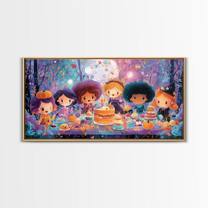 October'S Birthday Party, Vaporwave Halloween Decor, Wide Panoramic Art, Framed Canvas Print, Retro Halloween Decor, Neon Wall Art