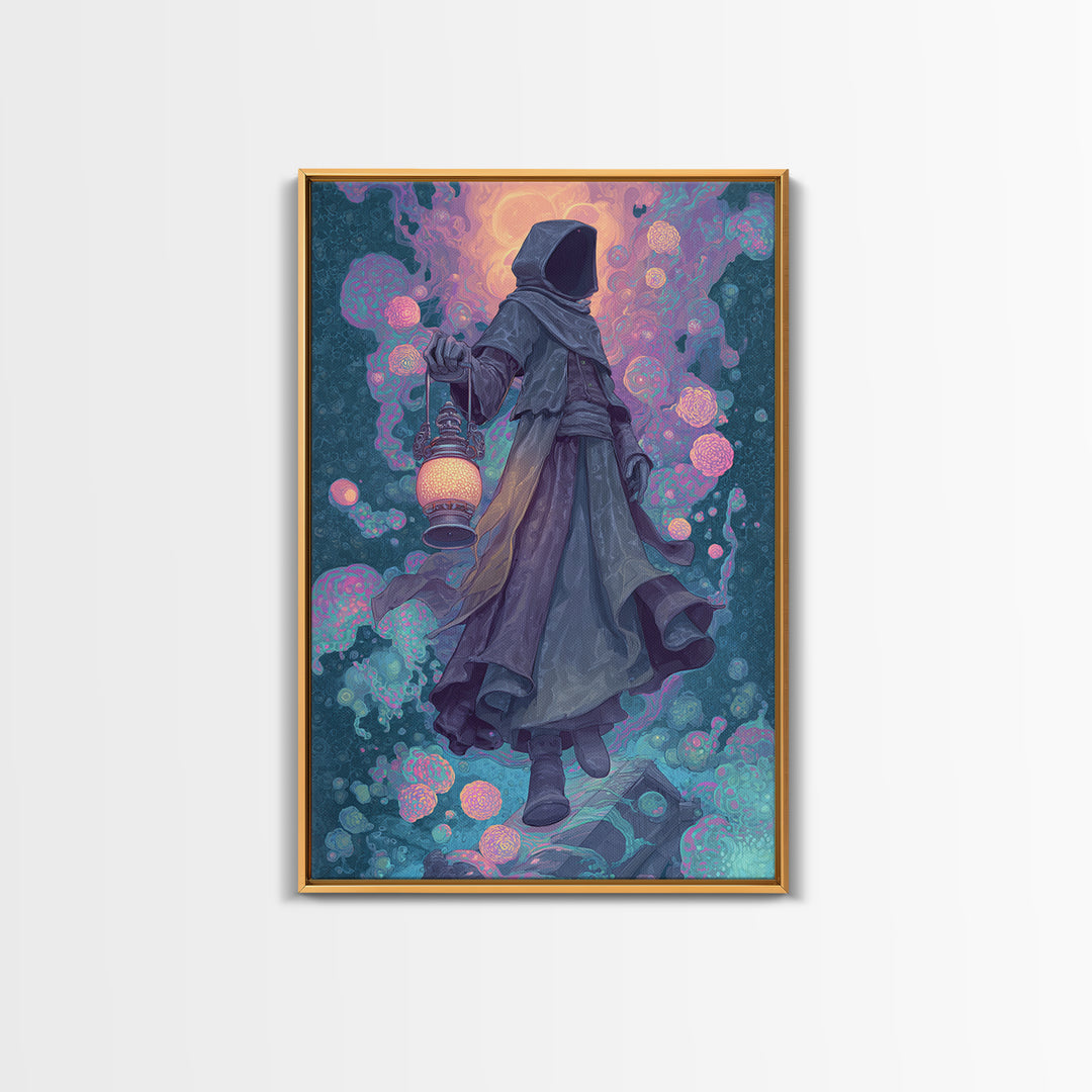 The Lantern-Bearer Of R’Lyeh, Retro Neon Halloween Art, Vertical Wall Art, Canvas Print, Retro Halloween Decor, Neon Wall Art