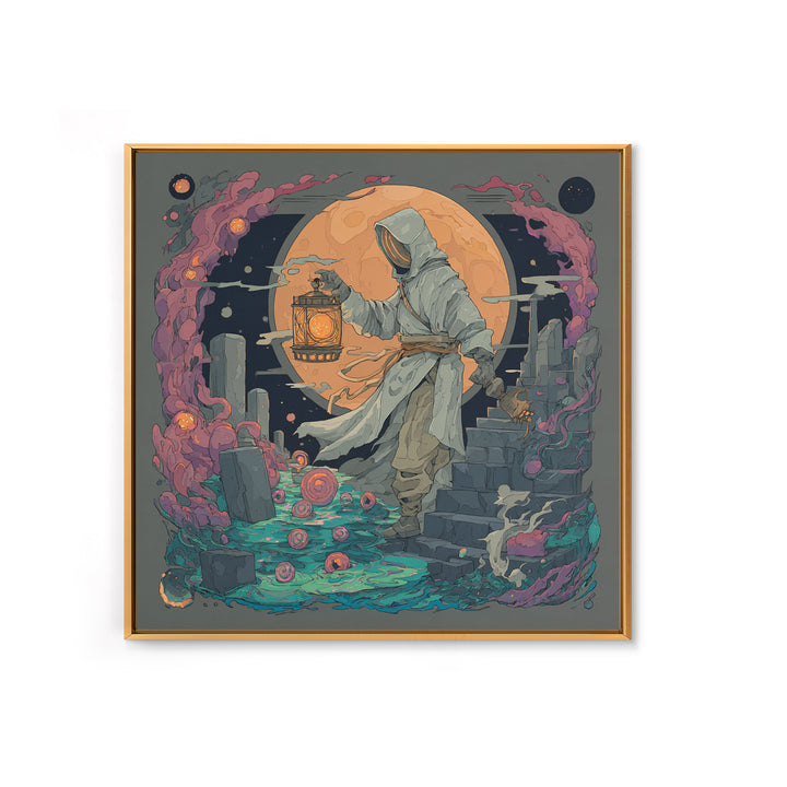 The Lantern-Bearer Of R’Lyeh, Vaporwave Halloween Decor, Square Wall Art, Framed Canvas Print, Retro Halloween Decor, Neon Wall Art