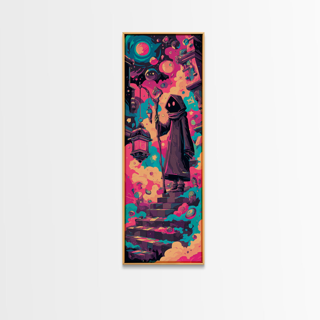 The Lantern-Bearer Of R’Lyeh, Retro Neon Halloween Art, Tall Narrow Wall Art, Canvas Print, Retro Halloween Decor, Neon Wall Art