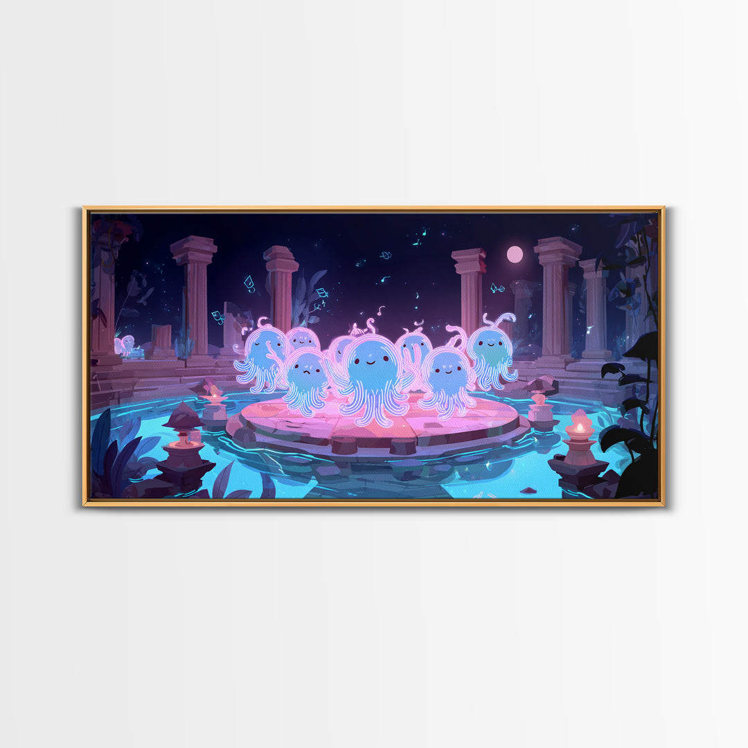 The Choir Of Deepwater Acolytes, Cute Spooky Neon Art, Wide Panoramic Art, Canvas Print, Retro Halloween Decor, Neon Wall Art