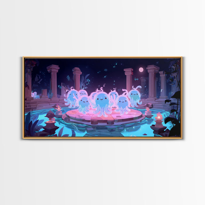 The Choir Of Deepwater Acolytes, Cute Spooky Neon Art, Wide Panoramic Art, Canvas Print, Retro Halloween Decor, Neon Wall Art
