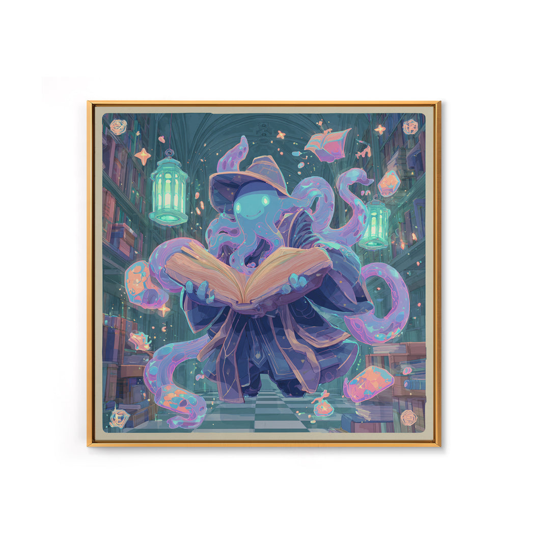 The Librarian Of Forbidden Tides, Cute Spooky Neon Art, Square Wall Art, Canvas Print, Retro Halloween Decor, Neon Wall Art