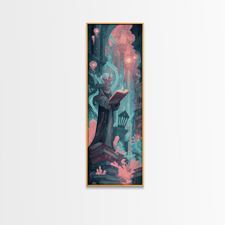 The Librarian Of Forbidden Tides, Cosmic Synthwave Horror, Tall Narrow Wall Art, Canvas Print, Retro Halloween Decor, Neon Wall Art