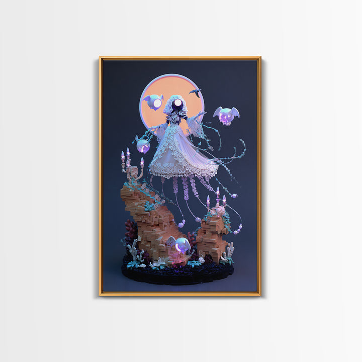 The Bride Of The Abyssal Moon, Cute Eldritch Neon Art, Vertical Wall Art, Framed Canvas Print, Retro Halloween Decor, Neon Wall Art