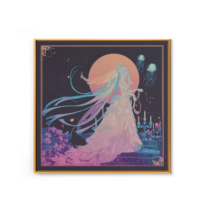 The Bride Of The Abyssal Moon, Cute Eldritch Neon Art, Square Wall Art, Framed Canvas Print, Retro Halloween Decor, Neon Wall Art