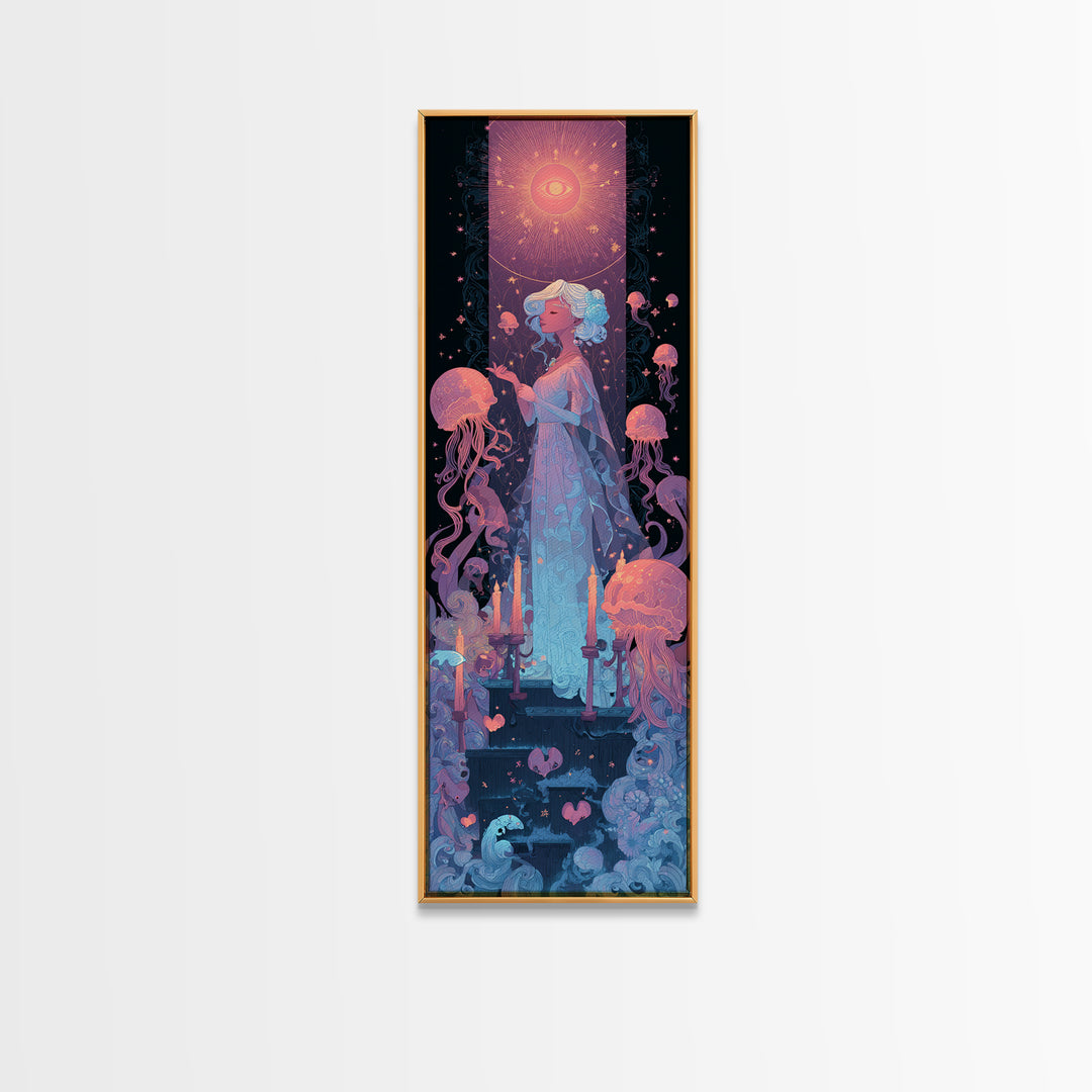 The Bride Of The Abyssal Moon, Cosmic Synthwave Horror, Tall Narrow Wall Art, Canvas Print, Retro Halloween Decor, Neon Wall Art