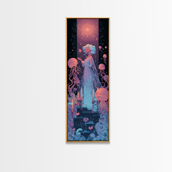 The Bride Of The Abyssal Moon, Cosmic Synthwave Horror, Tall Narrow Wall Art, Canvas Print, Retro Halloween Decor, Neon Wall Art