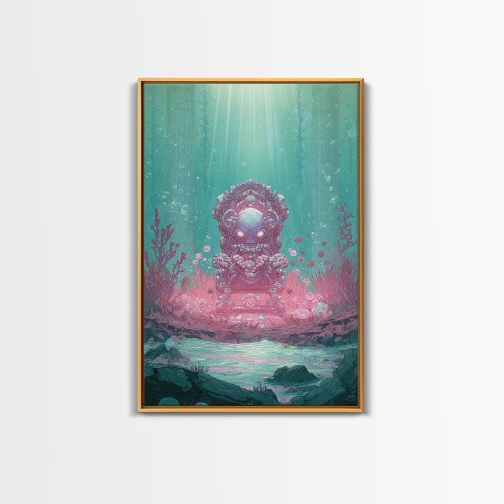 The Watcher In The Coral Throne, Retro Neon Halloween Art, Vertical Wall Art, Canvas Print, Retro Halloween Decor, Neon Wall Art