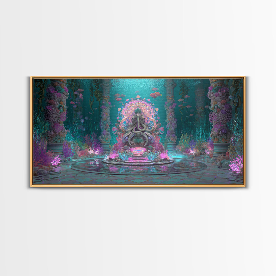The Watcher In The Coral Throne, Vaporwave Halloween Decor, Wide Panoramic Art, Framed Canvas Print, Retro Halloween Decor, Neon Wall Art