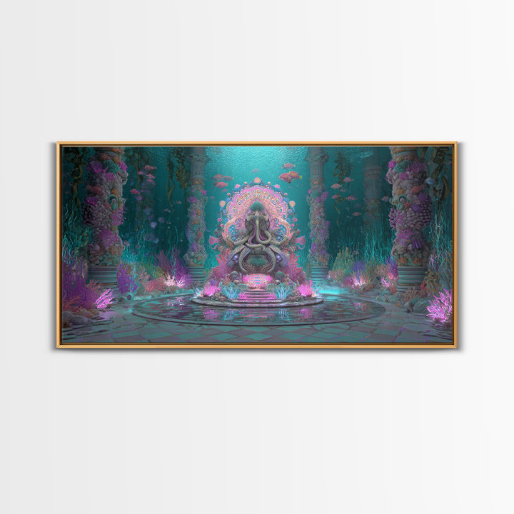 The Watcher In The Coral Throne, Vaporwave Halloween Decor, Wide Panoramic Art, Framed Canvas Print, Retro Halloween Decor, Neon Wall Art