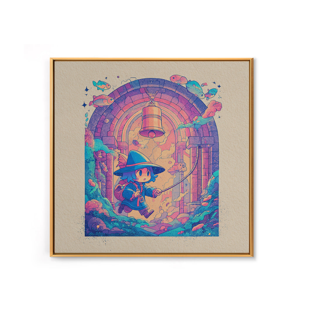 The Bellringer Of The Sunken Cathedral, Cosmic Synthwave Horror, Square Wall Art, Framed Canvas Print, Retro Halloween Decor, Neon Wall Art