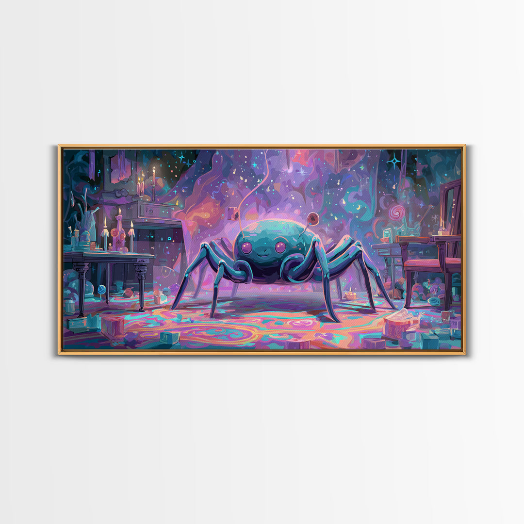 The Crawler Beneath The Floor Of Stars, Retro Neon Halloween Art, Wide Panoramic Art, Framed Canvas Print, Retro Halloween Decor
