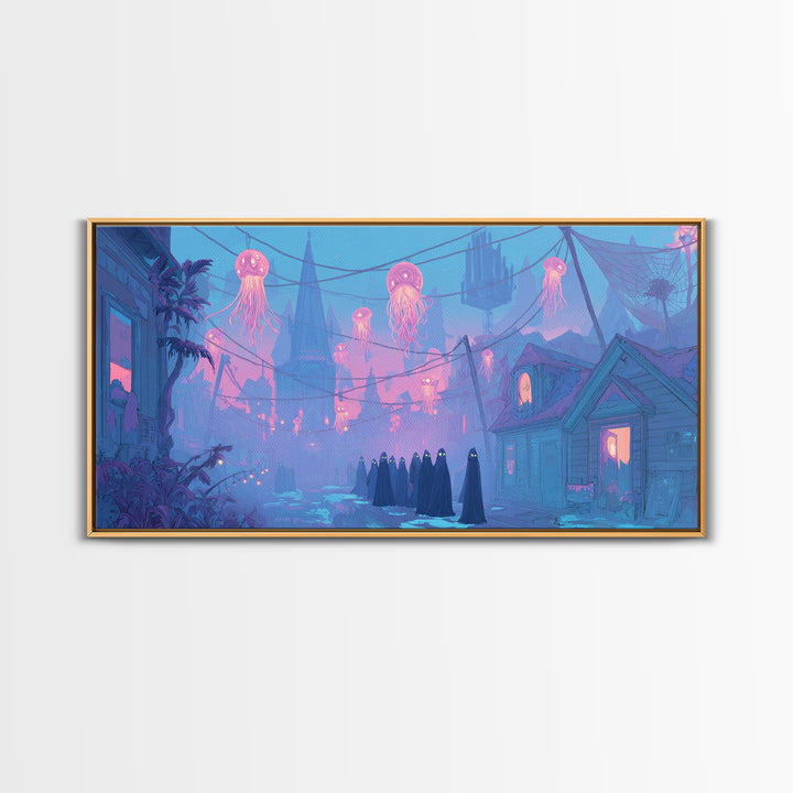 The Innsmouth Lantern Procession, Cute Eldritch Neon Art, Wide Panoramic Art, Framed Canvas Print, Retro Halloween Decor, Neon Wall Art