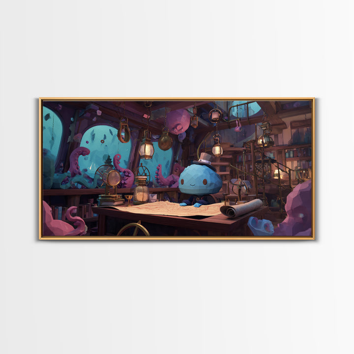 The Mapmaker Of Impossible Shores, Cosmic Synthwave Horror, Wide Panoramic Art, Framed Canvas Print, Retro Halloween Decor, Neon Wall Art