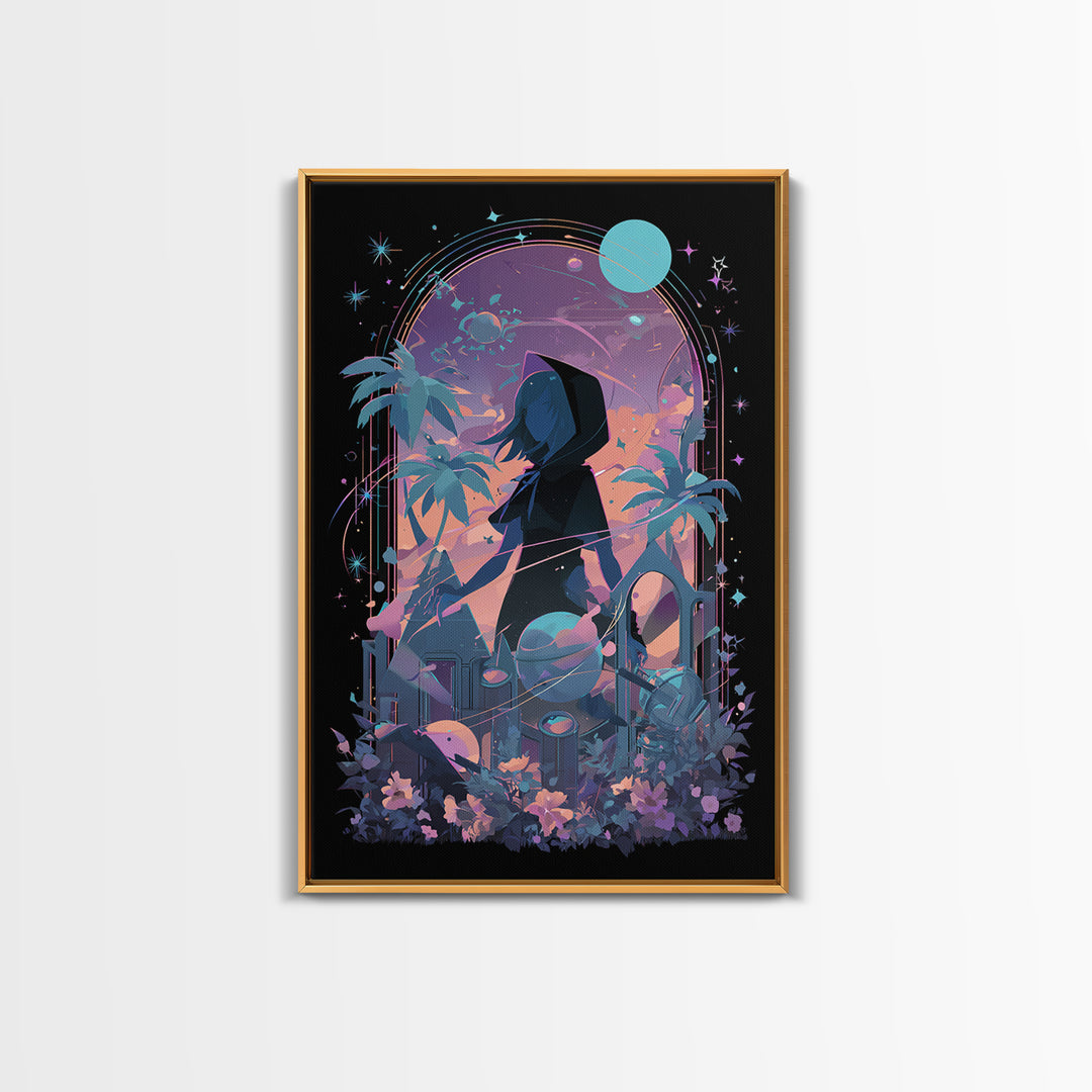 The Widow Of The Whispering Comet, Cosmic Synthwave Horror, Vertical Wall Art, Canvas Print, Retro Halloween Decor, Neon Wall Art
