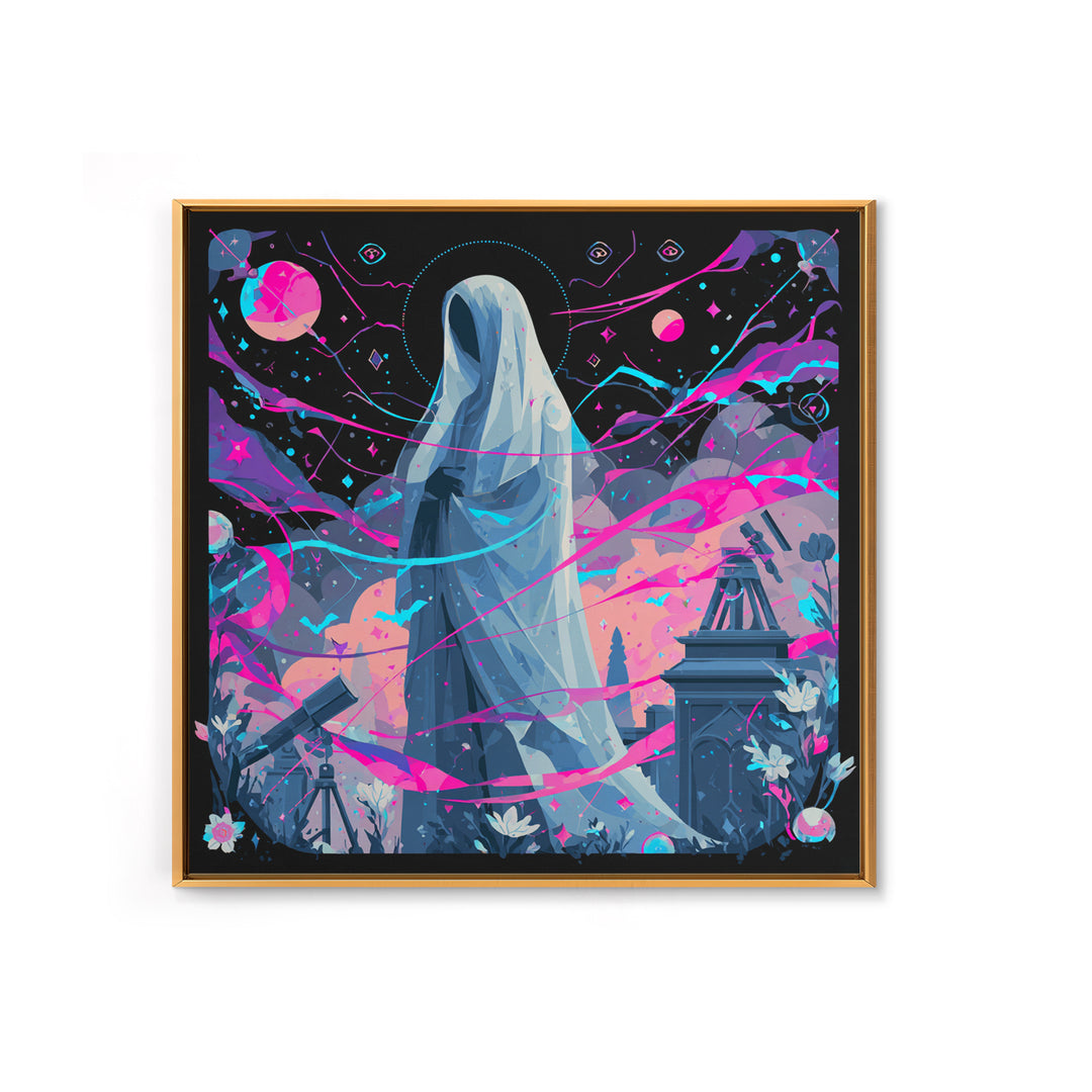 The Widow Of The Whispering Comet, Synthwave Halloween Art, Square Wall Art, Framed Canvas Print, Retro Halloween Decor, Neon Wall Art