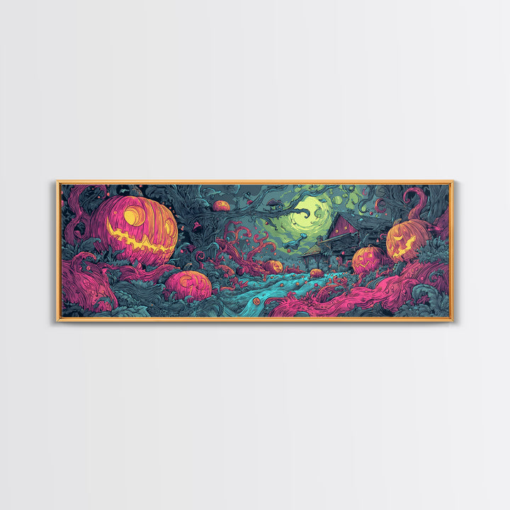 The Harvest Of The Eldritch Field, Cosmic Synthwave Horror, Extra Wide Wall Art, Canvas Print, Retro Halloween Decor, Neon Wall Art