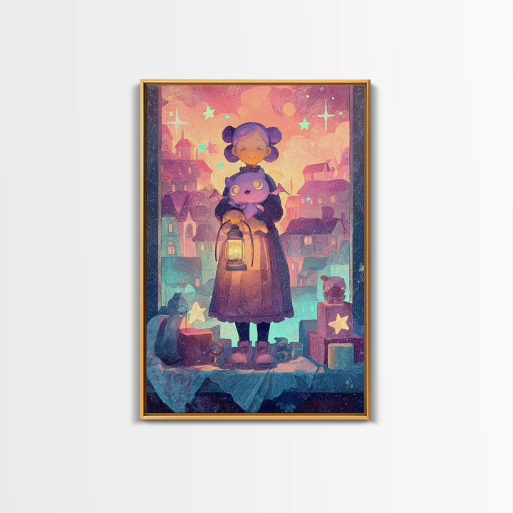The Child Who Caught A Moon-Spawn, Vaporwave Halloween Decor, Vertical Wall Art, Framed Canvas Print, Retro Halloween Decor, Neon Wall Art