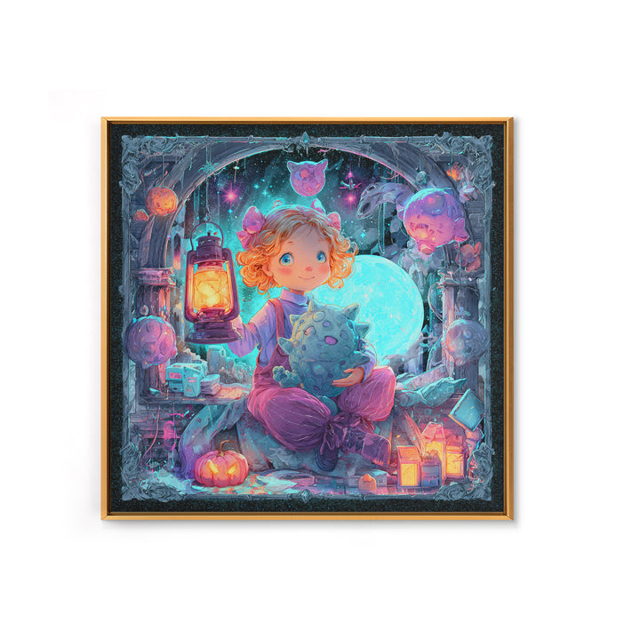 The Child Who Caught A Moon-Spawn, Vaporwave Halloween Decor, Square Wall Art, Canvas Print, Retro Halloween Decor, Neon Wall Art